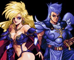  alternate_hair_length ares_(brandish) armor bare_shoulders bikini_armor blonde_hair brandish_(video_game) cape cleavage dela_delon eyeshadow falcom knight navel necklace pauldrons pixel_art red_cape scar sorceress staff sword 