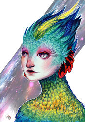  2015 animal_humanoid avian avian_humanoid blue_body blue_feathers bust_portrait eyelashes fairy feathers female green_body green_feathers hi_res humanoid ink-yami long_eyelashes multicolored_body multicolored_feathers portrait purple_eyes red_body red_feathers rise_of_the_guardians signature simple_background solo star tooth_fairy toothiana traditional_media_(artwork) yellow_body yellow_feathers 