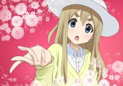  blonde_hair blue_eyes commentary_request female go!_princess_precure hat k-on! kotobuki_tsumugi long_hair o_kakugo_wa_yoroshikute? open_mouth parody precure shizupu solo 