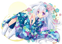  commentary_request female floral_print flower hair_flower hair_ornament hand_fan japanese_clothes kimono long_hair looking_at_viewer md5_mismatch nonno official_art open_mouth own_hands_together purple_eyes signature socks solo tokinon white_hair white_socks x-overd 