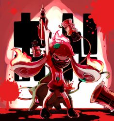  bad_id bad_pixiv_id bike_shorts bomb bomb_rush_(splatoon) bulbasaur commentary explosive female fire holding holding_weapon inkling inkling_girl inkling_player_character long_hair looking_at_viewer maruino mask mouth_mask paint_splatter pokemon pokemon_(creature) red_eyes red_hair shirt shoes solo splash-o-matic_(splatoon) splatoon_(series) splatoon_1 standing suction_bomb_(splatoon) t-shirt tentacle_hair weapon 