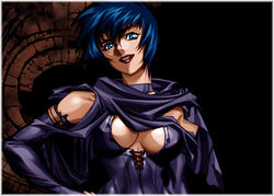  blue_eyes blue_hair brandish_(video_game) brandish_4 breasts cape center_opening choker cleavage falcom large_breasts lipstick long_gloves mermelada red_lipstick short_hair 