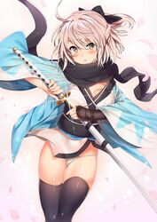  :o absurdres ahoge armor bad_id bad_pixiv_id black_bow black_scarf black_thighhighs blush bow breasts brown_eyes cleavage commentary_request cowboy_shot fate_(series) female fundoshi glint hairbow half_updo haori highres holding holding_sword holding_weapon japanese_armor japanese_clothes katana kawai_(purplrpouni) kimono koha-ace kote long_sleeves looking_at_viewer medium_breasts obi okita_souji_(fate) okita_souji_(koha-ace) petals pink_hair ponytail rokushaku_fundoshi sash scarf sheath short_hair short_kimono solo sword thighhighs triangle_mouth unsheathing v-shaped_eyebrows weapon wide_sleeves 