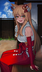  :d animal_ear_fluff animal_ears bell blue_sky brown_hair cain_(gunnermul) cloud commentary_request day elbow_gloves eyes_visible_through_hair female fox_ears fox_tail fur_collar gloves hair_bell hair_between_eyes hair_ornament highres long_hair looking_at_viewer oerba_yun_fang open_mouth outdoors partially_fingerless_gloves photoshop_(medium) red_gloves sarashi sitting sky sleeveless smile solo suzu_no_oto_to_aruku tail ten_(tomimian) tomimian yellow_eyes 