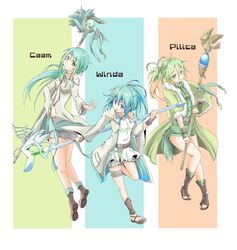  3girls ahoge bare_shoulders beak bike_shorts bird blush breasts caam_serenity_of_gusto collar collarbone commentary_request duel_monster eclair_(yukko-yukiusagi) gloves gradient_hair green_eyes green_hair hair_ornament highres jacket jewelry long_hair looking_at_viewer medium_breasts midriff multicolored_hair multiple_girls open_mouth orange_hair pilica_descendant_of_gusto ponytail ribbon shorts smile staff winda_(yu-gi-oh!) winda_priestess_of_gusto yu-gi-oh! yu-gi-oh!_duel_monsters 