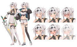  :d ^_^ bare_shoulders black_jacket black_thighhighs blush boots breasts bridal_gauntlets cleavage cleavage_cutout clenched_teeth closed_eyes closed_mouth clothing_cutout coeiroink collarbone croix-chan crop_top detached_sleeves dress expressions female full_body green_eyes grey_hair hair_intakes hand_up highres holding holding_sword holding_weapon jacket long_hair long_sleeves medium_breasts multiple_views navel nose_blush off_shoulder open_clothes open_jacket open_mouth partner_(kprtnr) pleated_dress ponytail puffy_long_sleeves puffy_sleeves shaded_face shoes short_shorts shorts simple_background single_thighhigh sleeveless sleeveless_dress sleeves_past_wrists smile standing sweat sword tears teeth thigh_boots thighhighs tongue tongue_out torn_clothes torn_thighhighs very_long_hair wavy_eyes wavy_mouth weapon weapon_request white_background white_dress white_footwear white_shorts white_sleeves 