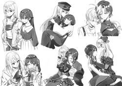  4girls ahoge blush breasts carrying couple eyes_visible_through_hair gloves grey_hair hair_ornament hair_over_one_eye highres higuchi_kaede kumeringo_touho large_breasts long_hair looking_at_another mole mole_under_eye monochrome multiple_girls nijisanji open_mouth princess_carry shirayuki_tomoe sleeping sleeping_on_person smile straddling sukoya_kana tsukino_mito twintails virtual_youtuber x x_hair_ornament yuri 