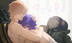  2boys :3 aventurine_(honkai:_star_rail) bed bedroom blonde_hair blue_hair closed_eyes comforting completely_nude critter_pick_(honkai:_star_rail) dr._ratio_(honkai:_star_rail) honkai:_star_rail honkai_(series) hug male_focus multiple_boys musical_note nude open_mouth pillow red_eyes short_hair smile yaoi yurika48597221 