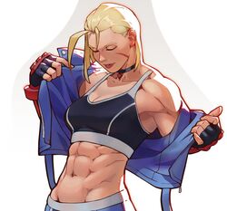  abs ahoge blonde_hair breasts cammy_white choker cleavage closed_eyes commentary crop_top english_commentary female fingerless_gloves gloves highres kenji_uz light_smile muscular muscular_female navel partially_undressed scar scar_on_cheek scar_on_face solo street_fighter street_fighter_6 undressing 