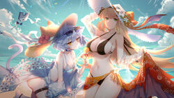  1other 2girls absurdres animal_ears anklet aqua_coat aqua_hair aqua_nails aqua_sleeves arm_up artist_name bare_legs barefoot beach bikini black_bikini black_hairband black_straps blonde_hair blue_bow blue_bowtie blue_choker bow bowtie breasts brown_hat buttons cat_ears cat_tail chinese_commentary choker cleavage closed_mouth cloud coat collarbone commentary_request cowboy_shot cup drink english_text eyewear_on_head final_gear floral_print floral_print_sarong flower food fruit fruit_punch_(drink) green_eyes hair_ribbon hairband halterneck hat hat_flower hat_ribbon hat_with_ears hibiscus highres holding holding_cup holding_drink holding_sarong horizontal-striped_bikini jacket jewelry large_breasts leg_up lemon lemon_slice long_hair long_sleeves looking_at_viewer loose_hair_strand midriff multicolored_coat multiple_girls nail_polish navel ocean official_art open_mouth orange_sarong outdoors red_flower ribbon robot sand sandals sarong see-through see-through_jacket see-through_sleeves shadow short_hair sky small_breasts spaghetti_strap striped_bikini striped_clothes sun_hat sunglasses sunlight swimsuit tail taysia_graft_(final_gear) thigh_strap tinted_eyewear veronica_(final_gear) vertical-striped_bikini vertical-striped_clothes watermark white_flower white_hat white_jacket xing 