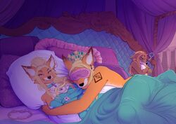  anthro arcanaloth_(dnd) bed black_nose blindfold blonde_hair body_pillow canid canine canis crown dakimakura duo ear_chain ear_piercing ear_ring eyemask eyewear female fox fur furniture hair hair_curlers headgear hi_res hug hugging_object hugging_pillow jackal jealous looking_at_another lying mammal mask nanihoo narcissism nude on_side orange_body orange_fur piercing pillow purple_eyes ring_piercing shemeshka_the_marauder_(planescape) shylara_the_manged_(planescape) sleep_mask tiara under_covers yugoloth 