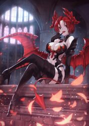  blackball boots breasts crossed_legs demon_girl demon_horns demon_tail demon_wings detached_collar elbow_gloves embers epis female gloves high_heels horns indoors king&#039;s_raid large_breasts licking licking_finger looking_at_viewer pale_skin red_eyes red_hair short_hair sitting solo tail thigh_boots wings 