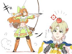  1boy absurdres alfred_(fire_emblem) apple_on_head archery arrow_(projectile) ascot blue_cape bow bow_(weapon) cape crop_top etie_(fire_emblem) female fire_emblem fire_emblem_engage green_bow green_eyes green_shirt green_skirt highres holding holding_arrow holding_bow_(weapon) holding_weapon nendo23 orange_gemstone orange_hair prince shirt skirt swept_bangs target_practice tiara translation_request weapon yellow_ascot 