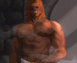  1boy abs bara black_sclera chest_hair colored_sclera ear_piercing earrings english_commentary eyepatch fangs fire_emblem fire_emblem_heroes highres jewelry looking_at_viewer male_focus muscular muscular_male navel nipples one_eye_covered orange_hair pectorals piercing red_eyes shrimp_ftw smile solo surtr_(fire_emblem) topless_male towel_around_waist wet 