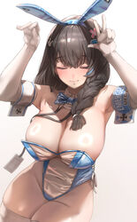  absurdres animal_ear_hairband animal_ears bare_shoulders black_hair blue_bow blue_bowtie blue_leotard blush bow bowtie braid braided_ponytail breasts cleavage closed_eyes covered_navel detached_collar elbow_cuffs elbow_gloves english_commentary fake_animal_ears female gloves goddess_of_victory:_nikke hair_between_eyes hair_ornament hair_over_shoulder hairband hands_up highres huge_breasts id_card jindogod lanyard leotard long_hair mary_(medical_rabbit)_(nikke) mary_(nikke) meme_attire nontraditional_playboy_bunny official_alternate_costume parted_lips playboy_bunny rabbit_ear_hairband rabbit_ears rabbit_hair_ornament rabbit_pose see-through see-through_leotard smile solo thick_thighs thighhighs thighs translucent_bunnysuit v white_gloves white_thighhighs 