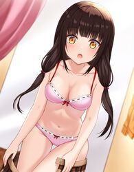  :o asakura_karen_(heaven_burns_red) bare_arms blunt_bangs blurry blurry_background blush bra breasts brown_eyes brown_hair cleavage collarbone commentary_request cowboy_shot curtains curvy dressing dutch_angle female heaven_burns_red highres holding holding_clothes holding_skirt indoors lace-trimmed_bra lace-trimmed_panties lace_trim leaning_forward long_hair looking_at_viewer low-tied_long_hair lower_teeth_only medium_breasts navel open_mouth panties pink_bra pink_panties sidelocks simple_background skirt solo stomach straight_hair teeth thigh_gap thighs tsurime umeshiba_(eleventhdolls) underwear underwear_only very_long_hair white_background wide-eyed 