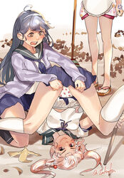  3girls @_@ akebono_(kancolle) akebono_(new_year_mode)_(kancolle) anger_vein black_hair blue_skirt blush breasts cardigan commentary_request food_print fuwafuwatoufu green_sailor_collar hair_bobbles hair_ornament highres kantai_collection kneepits large_breasts long_hair long_sleeves multiple_girls official_alternate_costume open_cardigan open_clothes open_mouth panties pink_eyes pink_hair pleated_skirt print_panties purple_cardigan sailor_collar sandals sazanami_(kancolle) school_uniform serafuku short_hair signature skirt socks strawberry_panties strawberry_print twintails twitter_username underwear upside-down ushio_(kancolle) white_panties white_socks yellow_eyes zouri 