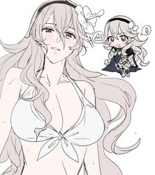  absurdres bare_shoulders bikini black_hairband blush breasts cake cape chibi chibi_inset cleavage corrin_(female)_(fire_emblem) corrin_(female)_(summer)_(fire_emblem) corrin_(fire_emblem) dango female fire_emblem fire_emblem_fates fire_emblem_heroes flower food grey_hair hair_between_eyes hair_flower hair_ornament hairband highres long_hair looking_at_viewer official_alternate_costume pointy_ears red_eyes saliva sou_mei swimsuit very_long_hair wagashi wet white_background white_bikini 