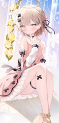  absurdres backlighting black_choker blonde_hair blush braid choker clothing_cutout dress earrings female flat_chest flower full_body hair_ornament hair_ribbon halo highres indie_virtual_youtuber jewelry looking_at_viewer medium_hair okomeillust pink_dress pink_eyes ribbon shoulder_cutout solo thigh_strap tokusari_kukuri x_hair_ornament 