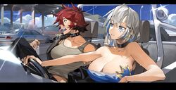  2girls alchemy_stars azure_(alchemy_stars) bare_shoulders black_choker blue_eyes blue_hair breasts car choker cleavage collar driving eyebrow_piercing facial_mark grey_hair highres jacket jona_(alchemy_stars) large_breasts motor_vehicle multicolored_hair multiple_girls open_mouth piercing red_hair sinnbunn spiked_collar spikes steering_wheel sweat tank_top 