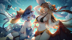  1other 2girls absurdres animal_ears anklet aqua_coat aqua_hair aqua_nails aqua_sleeves arm_up artist_name bare_legs barefoot beach bikini black_bikini black_hairband black_straps blonde_hair blue_bow blue_bowtie blue_choker bow bowtie breasts brown_hat buttons cat_ears cat_tail choker cleavage closed_mouth cloud coat collarbone cowboy_shot cup drink english_text eyewear_on_head final_gear floral_print floral_print_sarong flower food fruit fruit_punch_(drink) green_eyes hair_ribbon hairband halterneck hat hat_flower hat_ribbon hat_with_ears hibiscus highres holding holding_cup holding_drink holding_sarong horizontal-striped_bikini jacket jewelry large_breasts leg_up lemon lemon_slice long_hair long_sleeves looking_at_viewer loose_hair_strand midriff multicolored_coat multiple_girls nail_polish navel ocean official_art open_mouth orange_sarong outdoors red_flower ribbon robot sand sandals sarong see-through see-through_jacket see-through_sleeves shadow short_hair sky small_breasts spaghetti_strap striped_bikini striped_clothes sun_hat sunglasses sunlight swimsuit tail taysia_graft_(final_gear) thigh_strap tinted_eyewear veronica_(final_gear) vertical-striped_bikini vertical-striped_clothes watermark white_flower white_hat white_jacket xing 