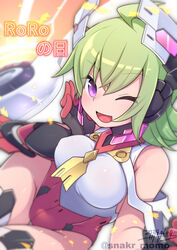  ahoge arms_up ass_visible_through_thighs azure_striker_gunvolt azure_striker_gunvolt_2 black_gloves breasts cowboy_shot detached_wings energy_wings female gloves green_hair headgear highres leotard mechanical_wings medium_breasts one_eye_closed purple_eyes red_leotard roro_(gunvolt) roro_day sano_akira short_hair skindentation solo thighhighs white_leotard white_thighhighs wings 