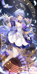  absurdres aqua_eyes armpits bird detached_sleeves dress earrings facial_mark falling_feathers feathers female full_body gloves hair_between_eyes halo hand_up head_wings high_heels highres holding honkai:_star_rail honkai_(series) jewelry leng7_e long_hair musical_note open_mouth purple_dress purple_footwear robin_(honkai:_star_rail) short_sleeves single_earring smile teeth upper_teeth_only white_dress white_feathers white_gloves wings 