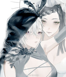  2girls bare_shoulders black_choker black_gloves black_hair black_hood black_shirt blunt_ends braid breasts chinese_commentary choker cleavage cleavage_cutout closed_mouth clothing_cutout commentary_request cross-laced_clothes cross-laced_top dress elbow_gloves expressionless eyelashes feather_choker frilled_vest frills gloves hair_between_eyes hat_feather huang_huo_liaoyuan huge_breasts lips long_hair looking_ahead looking_at_viewer multiple_girls original outstretched_arms purple_eyes shirt short_hair simple_background single_braid sleeveless sleeveless_shirt straight_hair upper_body vest white_background white_dress white_hair white_veil yellow_eyes 