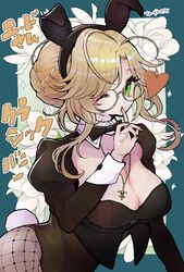  ade_(nikke) animal_ears black_leotard bow bowtie chou_genseki detached_collar fake_animal_ears fake_tail female fishnets glasses goddess_of_victory:_nikke highres jewelry leotard necklace playboy_bunny rabbit_ears rabbit_tail solo tail traditional_bowtie wrist_cuffs 