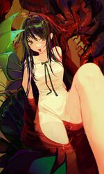  absurdres blush dress dress_ribbon female flesh green_eyes green_hair green_wings hair_flaps highres in_water leg_up long_hair looking_at_viewer oerba_yun_fang open_mouth red_pupils saya_(saya_no_uta) saya_no_uta sitting skin_fang sleeveless sleeveless_dress smile solo sundress very_long_hair waytok white_dress wings 