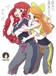  1boy 2girls absurdres bow crop_top etie_(fire_emblem) fire_emblem fire_emblem_engage green_bow green_eyes hair_ornament highres hug hug_from_behind long_hair louis_(fire_emblem) multiple_girls nendo23 open_mouth orange_hair pants red_eyes red_hair star_(symbol) star_hair_ornament sweatpants swept_bangs training_outfit_(fire_emblem_engage) translation_request yunaka_(fire_emblem) yuri 