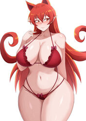  azazel_ameri blush bra breasts curvy female highres huge_breasts long_hair looking_to_the_side mairimashita!_iruma-kun navel panties pointy_ears red_bra red_eyes red_hair red_panties simple_background sleeptopi solo thick_thighs thighs underwear white_background wide_hips 