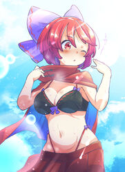  bikini black_bikini blue_bow blush bow breasts cape cleavage day female hairbow highleg highleg_panties large_breasts navel one_eye_closed outdoors panties parted_lips pleated_skirt red_cape red_eyes red_hair red_skirt sekibanki sekibanki_(dullahan_on_the_beach) short_hair skirt solo sweat swimsuit tanasuke touhou touhou_lostword underwear 