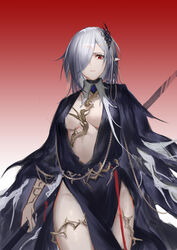  absurdres arknights black_dress breasts center_opening cleavage dress female gladiia_(arknights) gladiia_(i_am_the_tides)_(arknights) gradient_background grey_hair hair_over_one_eye highres holding holding_weapon long_hair looking_at_viewer medium_breasts official_alternate_costume pale_skin pointy_ears red_eyes shirt solo very_long_hair weapon yiyanbanshengchou 