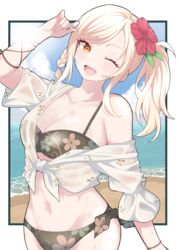  absurdres beach bikini black_border blonde_hair blue_sky border breasts brown_bikini cleavage commentary female floral_print flower groin hair_flower hair_ornament hand_up highres looking_at_viewer love_live! love_live!_nijigasaki_high_school_idol_club medium_breasts midriff miyashita_ai navel one_eye_closed open_mouth orange_eyes outdoors outside_border ponytail print_bikini shirt short_sleeves sidelocks single_off_shoulder sky solo swimsuit tied_shirt upper_body wet wet_clothes wet_shirt white_border white_shirt yuu_(vy6wh7hqrrxdxx7) 