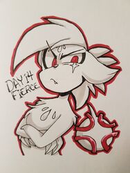  2017 2_claws 2_fingers anthro black_and_white_and_red black_text chest_markings claws cross-popping_vein crossed_arms day_count english_text eye_scar eyebrow_through_hair eyebrows facial_markings facial_scar female fingers forehead_markings frown generation_2_pokemon hair half-length_portrait head_markings hi_res inktober inktober_2017 mammal markings mustelid nintendo payback_(toxicsoul77) pen_(artwork) pictographics pokemon pokemon_(species) portrait pupils red_eyes restricted_palette scar shaded slit_pupils snaggle_tooth sneasel solo speech_bubble text toxicsoul77 traditional_media_(artwork) translucent translucent_hair 