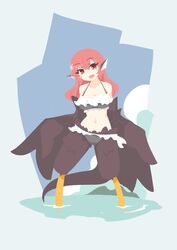  animal_ears bare_shoulders big_o_pants bikini bird_ears bird_legs black_bikini black_feathers black_wings blush_stickers breasts cleavage commentary_request feathers female fio-chan_(big_o_pants) frilled_bikini frills harpy highres large_breasts long_hair looking_at_viewer midriff monster_girl navel open_mouth original partially_submerged red_eyes red_hair solo swimsuit winged_arms wings 