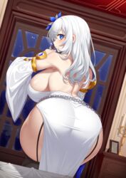  absurdres ass backless_dress backless_outfit bare_shoulders bedroom belly_chain black_thighhighs blue_eyes blush breasts candelabra candlestand detached_sleeves dress dutch_angle elomil female flower garter_straps gem gold hair_flower hair_ornament highres jewelry large_breasts light_smile long_hair looking_back night night_sky original picture_frame side_slit sideboob sky solo taut_clothes taut_dress thighhighs white_hair window 