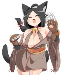  ahoge animal_ears bell black_hair blush breasts brown_dress cat_ears cat_girl cat_tail claws cleavage closed_eyes commentary_request cowboy_shot dress female jingle_bell kyuumei_neko_(onmyoji) large_breasts lets0020 long_hair neck_bell obi off-shoulder_dress off_shoulder onmyoji open_mouth sash simple_background smile solo tail whiskers white_background yellow_sash 