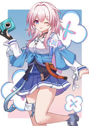  ;) bare_legs blue_eyes blue_jacket blue_skirt camera cha0198 female hair_intakes hand_up holding holding_camera honkai:_star_rail honkai_(series) jacket long_hair long_sleeves looking_at_viewer march_7th_(honkai:_star_rail) march_7th_(preservation)_(honkai:_star_rail) miniskirt one_eye_closed panties panty_peek pink_hair pleated_skirt purple_eyes shirt shoes skirt smile solo thighs two-tone_eyes underwear white_shirt 