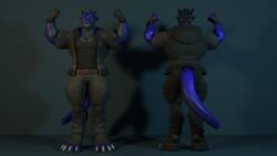  3d_(artwork) anthro blue_body clothed clothing dergdrister digital_media_(artwork) dragon drister_(dergdrister) flexing flexing_bicep flexing_both_biceps hi_res looking_at_viewer male model_sheet muscular mythological_creature mythological_scalie mythology scalie simple_background smile solo 