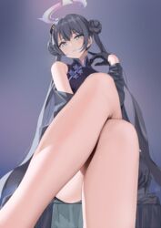  absurdres bare_legs black_coat black_dress black_gloves black_hair blue_archive china_dress chinese_clothes coat commentary crossed_legs double_bun dress feet_out_of_frame female gloves hair_bun halo highres kisaki_(blue_archive) kuuhaku_(pskf2372) leg_focus long_hair looking_at_viewer sleeveless sleeveless_dress solo twintails very_long_hair 