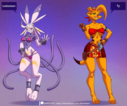  2024 3_toes 5_fingers alanscampos anthro bandai_namco bandeau barefoot bikini bikini_bottom bikini_top blonde_hair bottomwear breasts brown_nose clothed clothed_anthro clothed_female clothing dasyuromorph digimon digimon_(species) duo english_text extinct feet female fingerless_gloves fingers fur gloves grin hair handwear hi_res hindpaw humanoid_hands lekismon mammal marsupial mtf_crossgender navel paws pink_body pink_fur recently_extinct_species rule_63 skirt smile standing swimwear text thylacine toes topwear ty_the_tasmanian_tiger ty_the_tasmanian_tiger_(series) under_boob url white_body white_fur yellow_body yellow_fur 