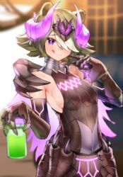  absurdres animal_ears arknights bare_shoulders bear_ears beehunter_(arknights) blush breasts bright_pupils commentary_request female gore_magala_(armor) green_hair highres holding holding_jar horns jar kirigirisu1221 licking_lips monster_hunter_(series) purple_eyes sideboob small_breasts solo tongue tongue_out white_pupils 