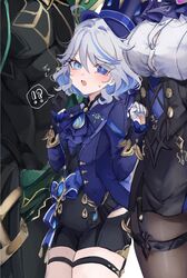  !? 1boy 2girls ahoge alhaitham_(genshin_impact) ascot black_gloves black_shirt blue_eyes blue_hair blue_jacket breasts clorinde_(genshin_impact) corset furina_(genshin_impact) genshin_impact gloves hat heterochromia highres jacket jewelry light_blue_hair long_hair looking_at_viewer multiple_girls open_mouth pantyhose pe_eee00 shirt sidelocks skirt solo_focus white_shirt 