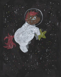  2024 ambiguous_gender astronaut astronaut_suit bodily_fluids brown_body brown_fur cosmic_background crying ed_mortis feral fluffy_pony fluffy_pony_(species) full-length_portrait fur hooves looking_up mammal mane open_mouth portrait red_mane red_tail sad side_view snout solo space space_background sparkles sparkling_eyes star tail tears traditional_media_(artwork) unguligrade 