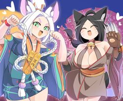  2girls :d ahoge animal_ear_fluff animal_ears bell black_hair blue_background blue_kimono blush breasts brown_dress cat_ears cat_girl cat_tail character_request cherry_blossom_print claws cleavage closed_eyes coin commentary_request cowboy_shot dress floral_print gold green_eyes japanese_clothes jingle_bell kimono koban_(gold) kyuumei_neko_(onmyoji) large_breasts lets0020 long_hair looking_at_viewer medium_breasts multiple_girls neck_bell obi oerba_yun_fang off-shoulder_dress off_shoulder oil-paper_umbrella onmyoji open_mouth parted_bangs paw_pose rope sash shimenawa short_hair smile tail topknot umbrella v-shaped_eyebrows whiskers white_hair wide_sleeves yellow_sash 