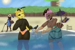  adrian_(bonebees) alexa_(bonebees) antennae_(anatomy) anthro arachnid araneomorph arthropod beach beach_towel bee bikini bikini_top black_hair blonde_hair bonebees bulge clothing dress erika_(bonebees) exoskeleton female group gynomorph hair hat headgear headwear hi_res highlights_(coloring) hymenopteran insects intersex ispell_(bonebees) jewelry male metal_detector multicolored_body necklace open_mouth orb-weaver_spider paper_wasp pink_hair playful shark_tooth_necklace sharp_teeth speedo spider splash splashing_water stinger stripes sun sun_hat sundress swimming_trunks swimwear teeth thorax towel umbrella vespid wasp water 