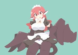  animal_ears apron big_o_pants bird_ears bird_legs black_feathers black_wings blue_background blush bow bow_panties breasts commentary_request feather_fingers feathers female fio-chan_(big_o_pants) harpy large_breasts long_hair maid maid_headdress monster_girl open_mouth original panties red_eyes red_hair simple_background solo underwear upskirt waist_apron white_panties winged_arms wings 