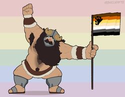  1boy bara bear_flag beard big_belly body_fur bucc_(buccaner98) chest_tuft dungeon_meshi dwarf excessive_armpit_hair facial_hair fake_horns fat fat_man flag flag_background full_body helmet highres holding holding_flag horned_helmet horns large_hands large_pectorals leaning_to_the_side lgbt_pride long_beard looking_at_viewer male_focus moustache muscular muscular_male navel navel_hair nipples paw_print pectorals pride_month rainbow_flag raised_fist senshi_(dungeon_meshi) solo standing thick_mustache thick_navel_hair thighs topless_male very_long_beard 